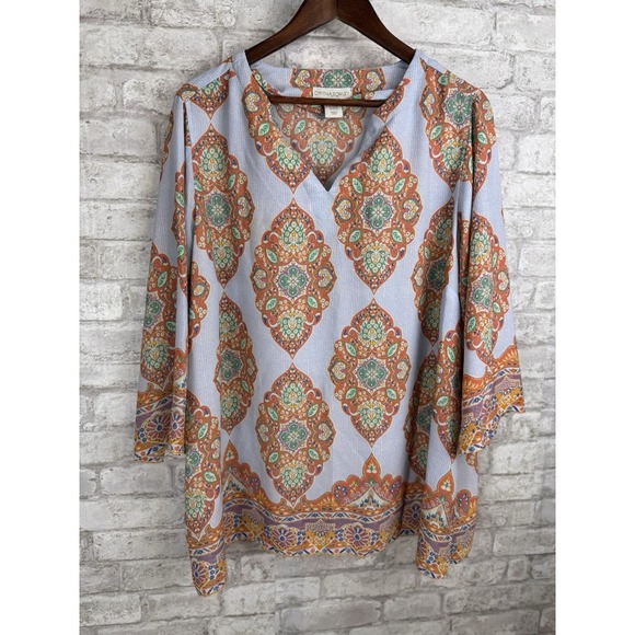 Cynthia Rowley Flowy Blouse Plus Size 2x Multicolor Boho Print V‎ Neck Bohemian - Picture 1 of 12